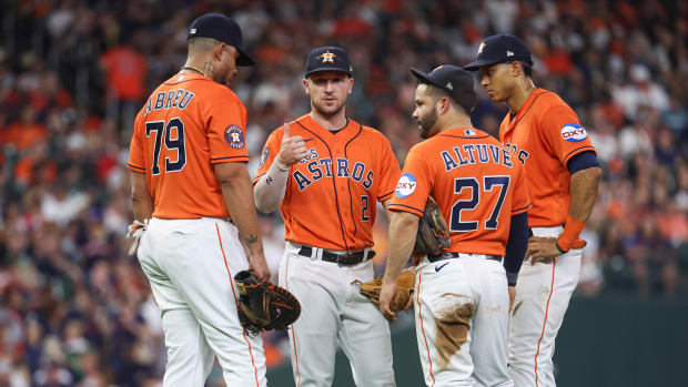 Sep 22, 2023; Houston, Texas, USA; Houston Astros third baseman Alex Bregman (2) an first baseman Jose Abreu (79) and second baseman Jose Altuve (27) and shortstop Jeremy Pena (3) talk on the field during the sixth inning against the Kansas City Royals at Minute Maid Park. Mandatory Credit: Troy Taormina-USA TODAY Sports